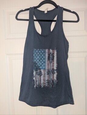 Ideal T by Next Level Women’s Small Racerback Tank Top USA Flag Palm Tree Blue